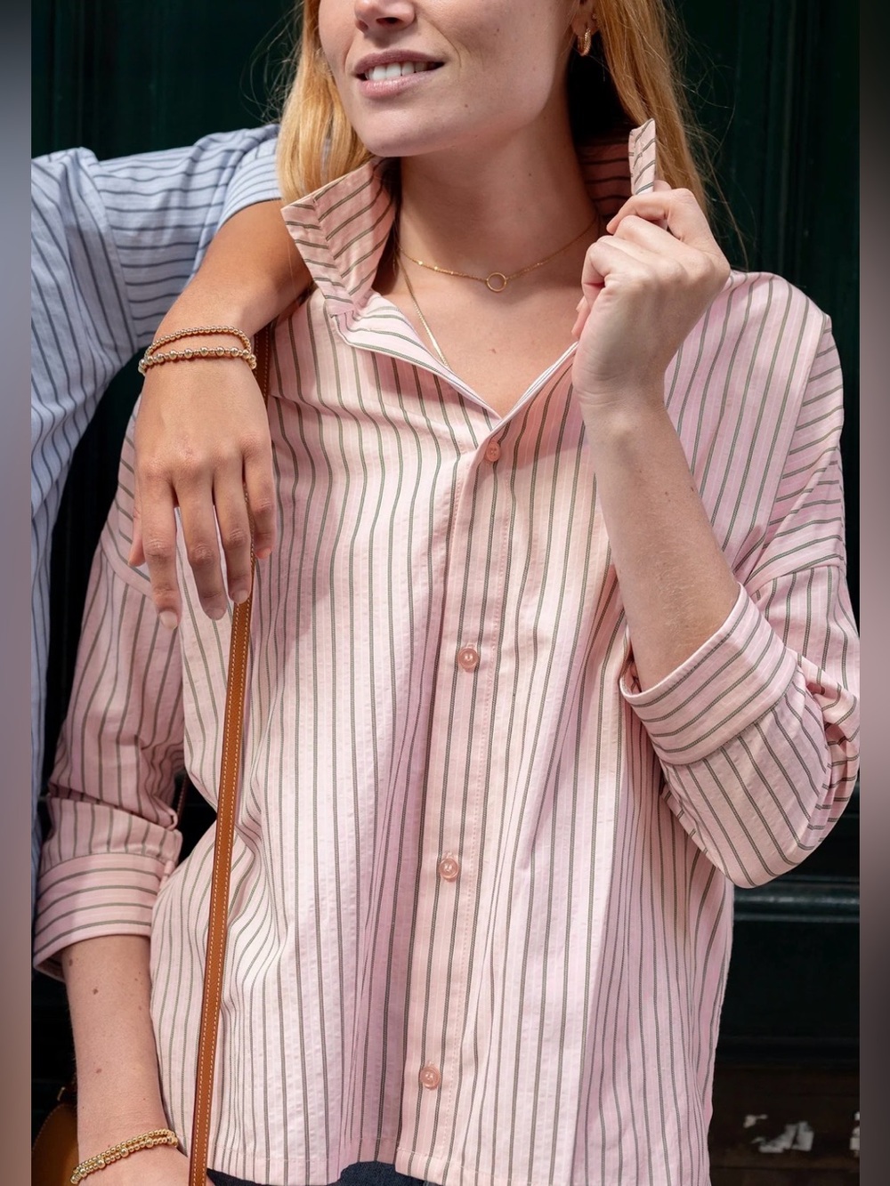 Voyageur Mersey Emerson Pop Up Collar Top
Pink/Green Striped Button-Up Shirt NWT